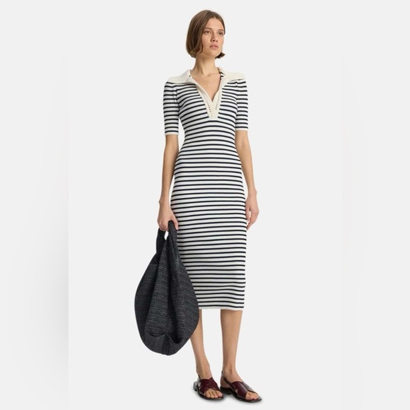 A.L.C Darcy Crochet Polo Collar Trim Ribbed Striped Midi Dress Navy Bone - Picture 2 of 4